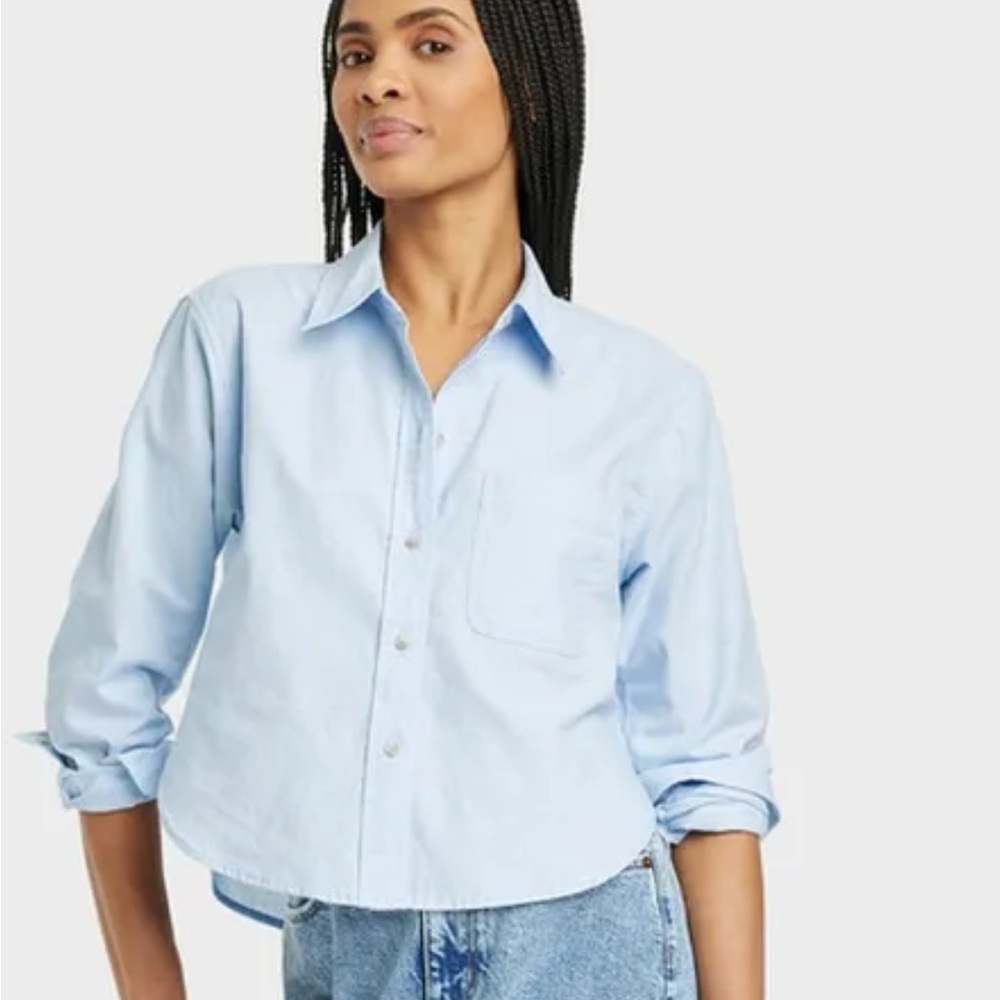 Universal Thread Light Blue Cropped Button-Up Blouse Women Cotton Linen S